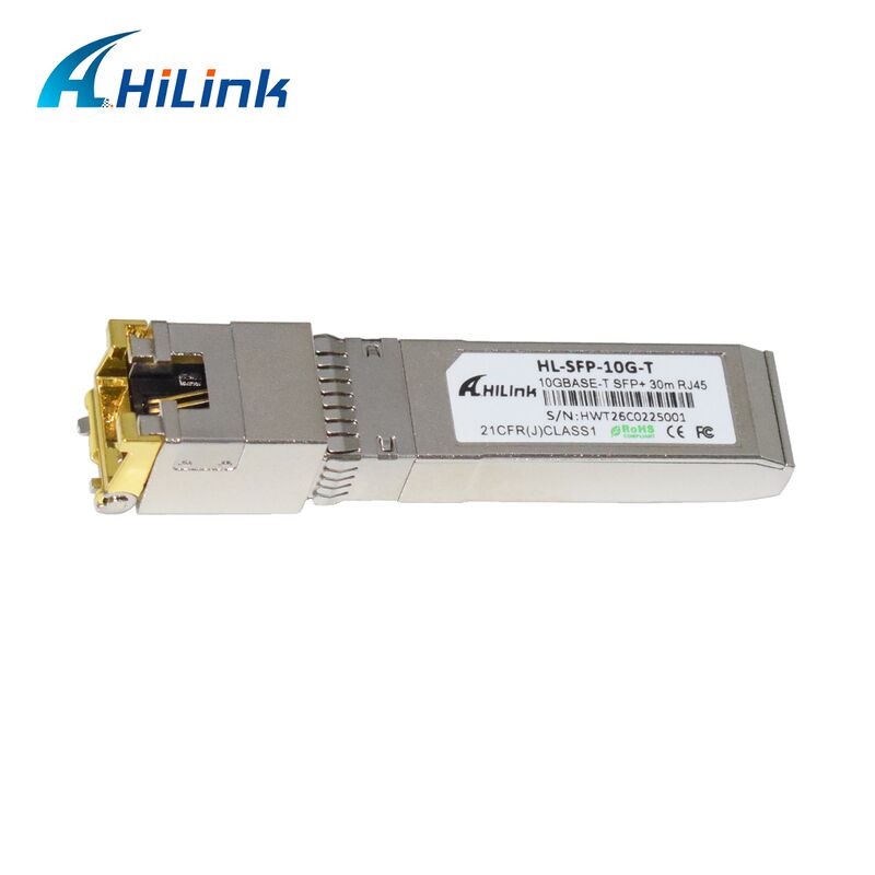 Hilink 10G ডেটা রেট SFP+ ট্রান্সসিভার 30M/80M দূরত্ব এবং RoHS কমপ্লায়েন্ট 10GBASE-T কপার মডিউল সহ
